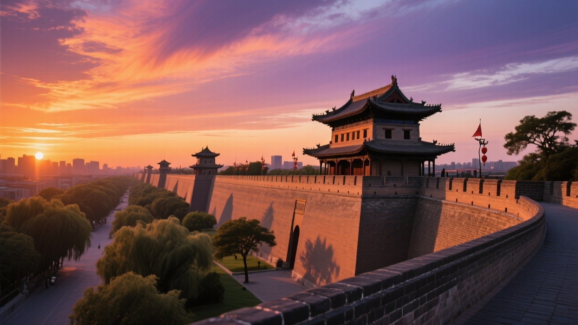 古代中國城牆塔樓在日落時分，天空呈現鮮豔的橙色和紫色，背景是現代城市