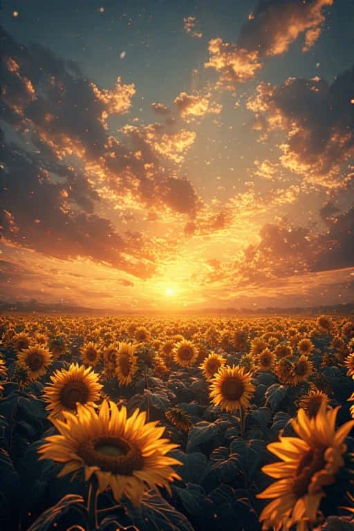 向日葵向著發光的夕陽伸展，上方有橙色的雲朵。