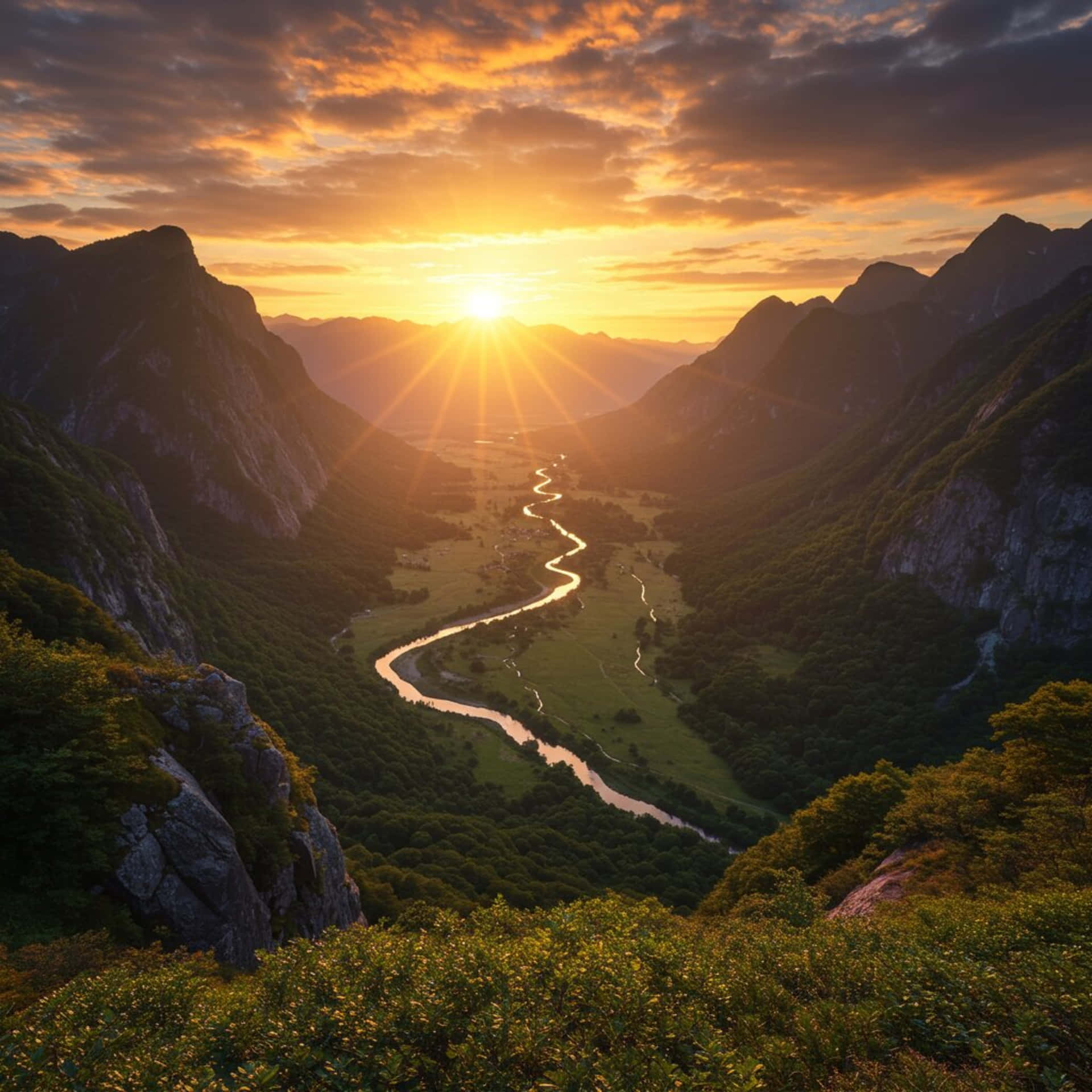 Sunset over the mountains 壁紙 — 一條蜿蜒的河流在鬱鬱蔥蔥的山谷中閃爍，太陽在巍峨的山脈後升起，灑下金色的光芒。