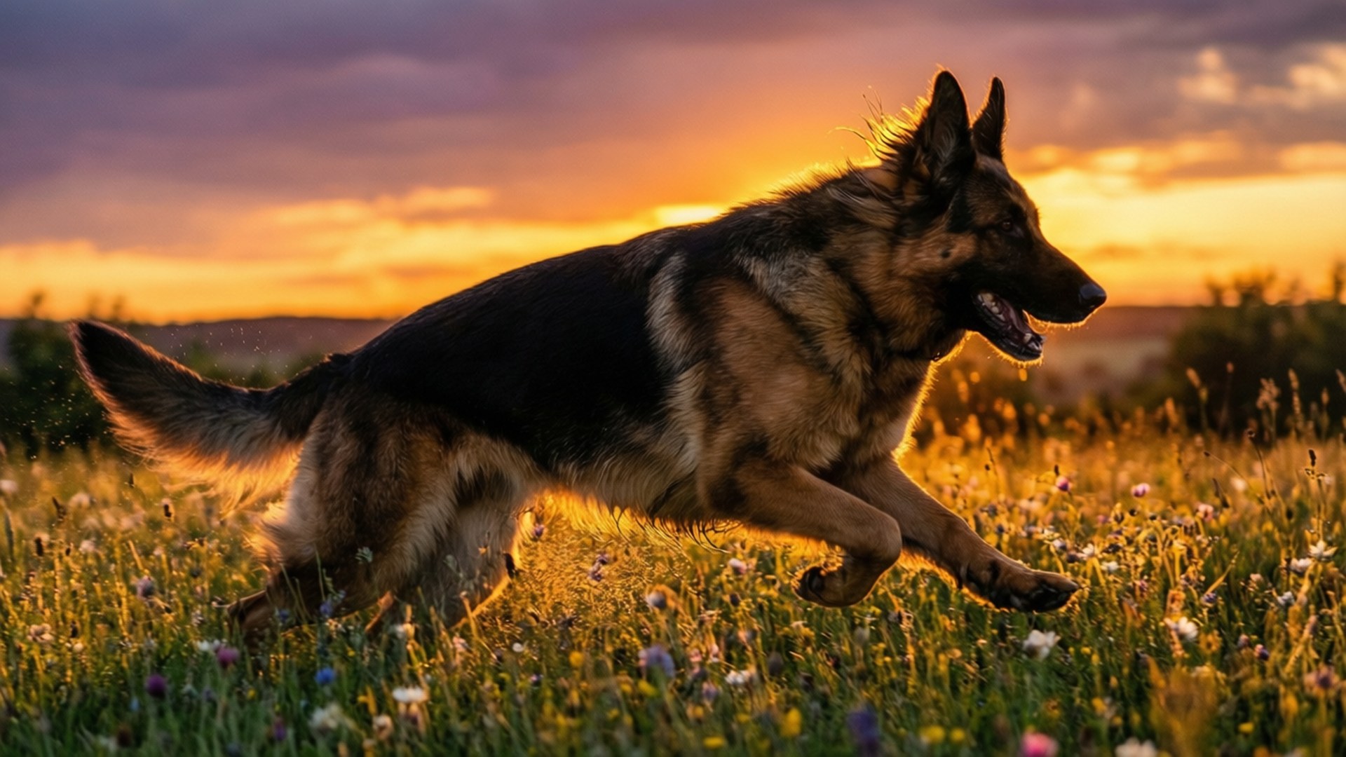 德國牧羊犬在日落時分穿過野花田