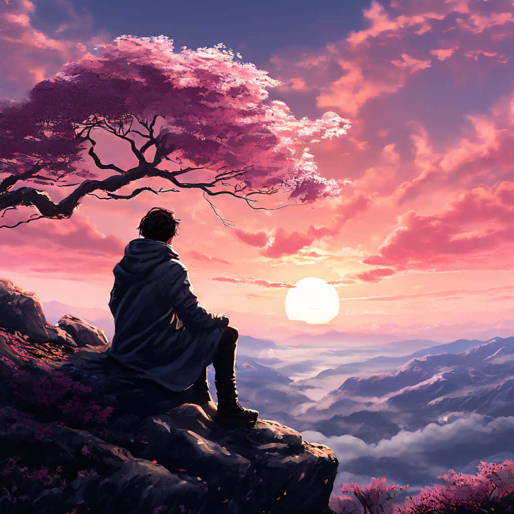 人坐在懸崖邊，粉紅色櫻花樹下，觀看夕陽落在山巒上