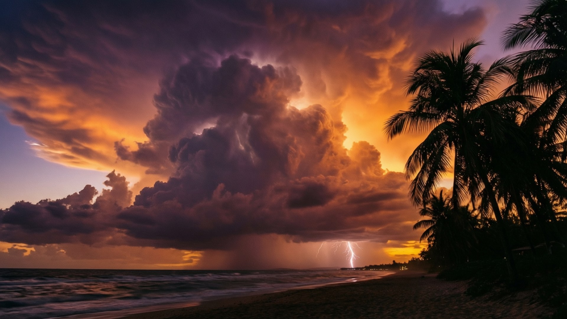 熱帶海灘日落，閃電穿過棕櫚樹上方的暴風雲