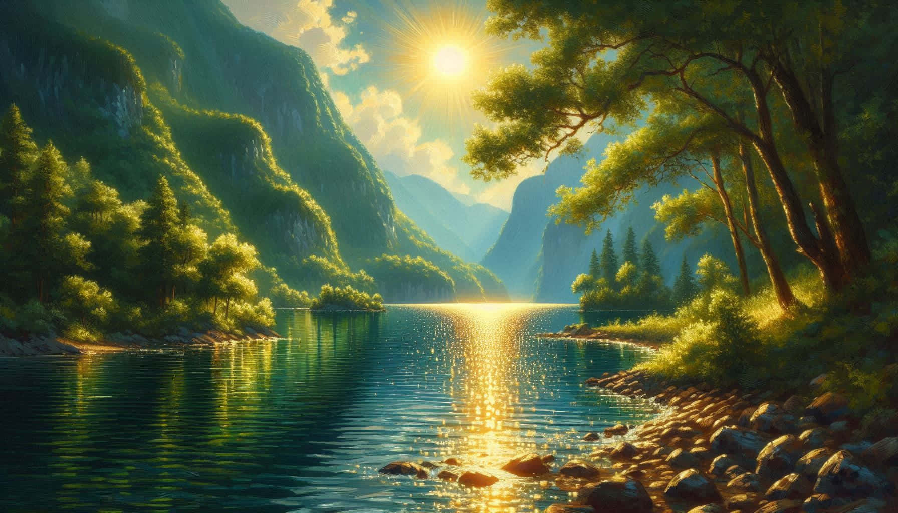 陽光反射在平靜的河流上，周圍環繞著綠色的山脈和樹木
