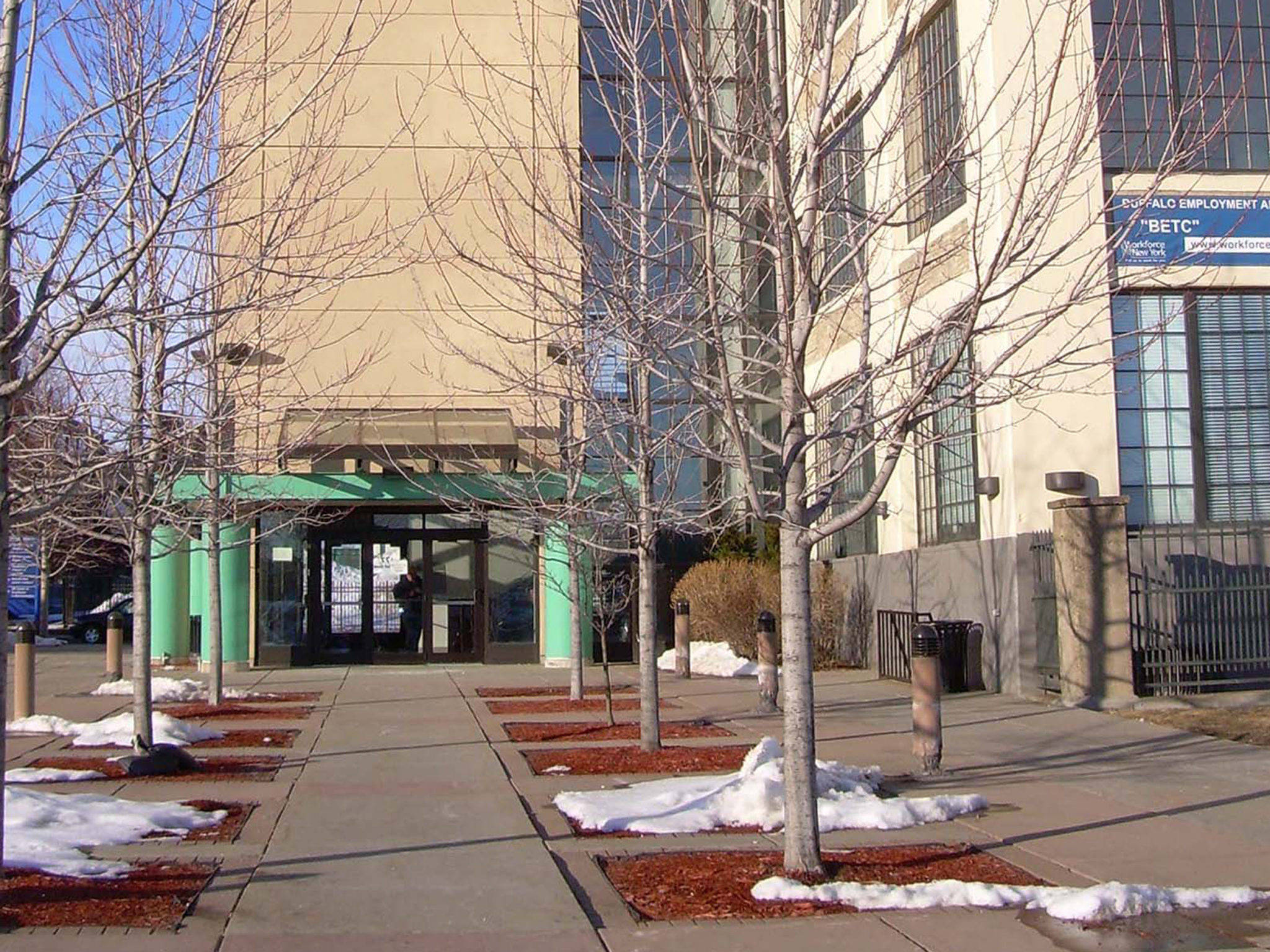 布法羅大學 SUNY 光禿樹木 壁紙 — 現代建築入口，光禿的樹木和融雪斑塊，在晴朗的冬日。