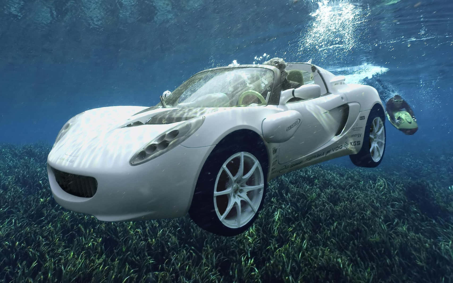 白色跑車沉入海洋，有潛水員和海草