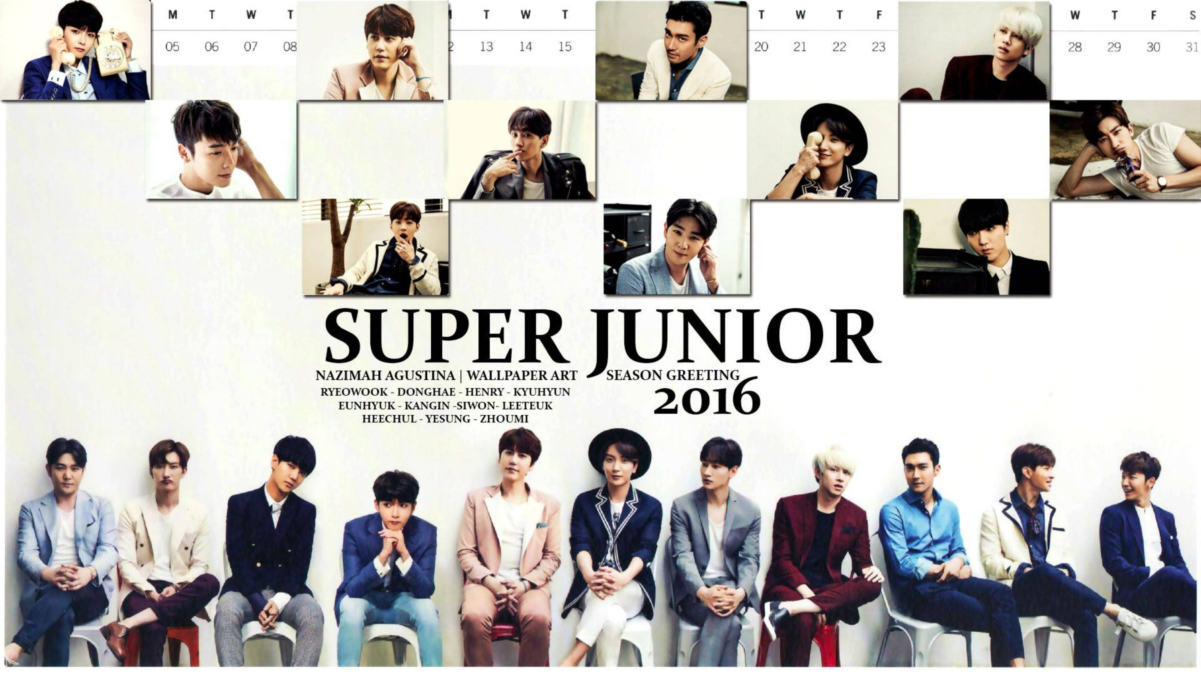Super Junior 2016 年節慶 壁紙 — 韓國流行組合Super Junior成員以時尚造型擺姿勢的2016年季節問候壁紙拼貼。