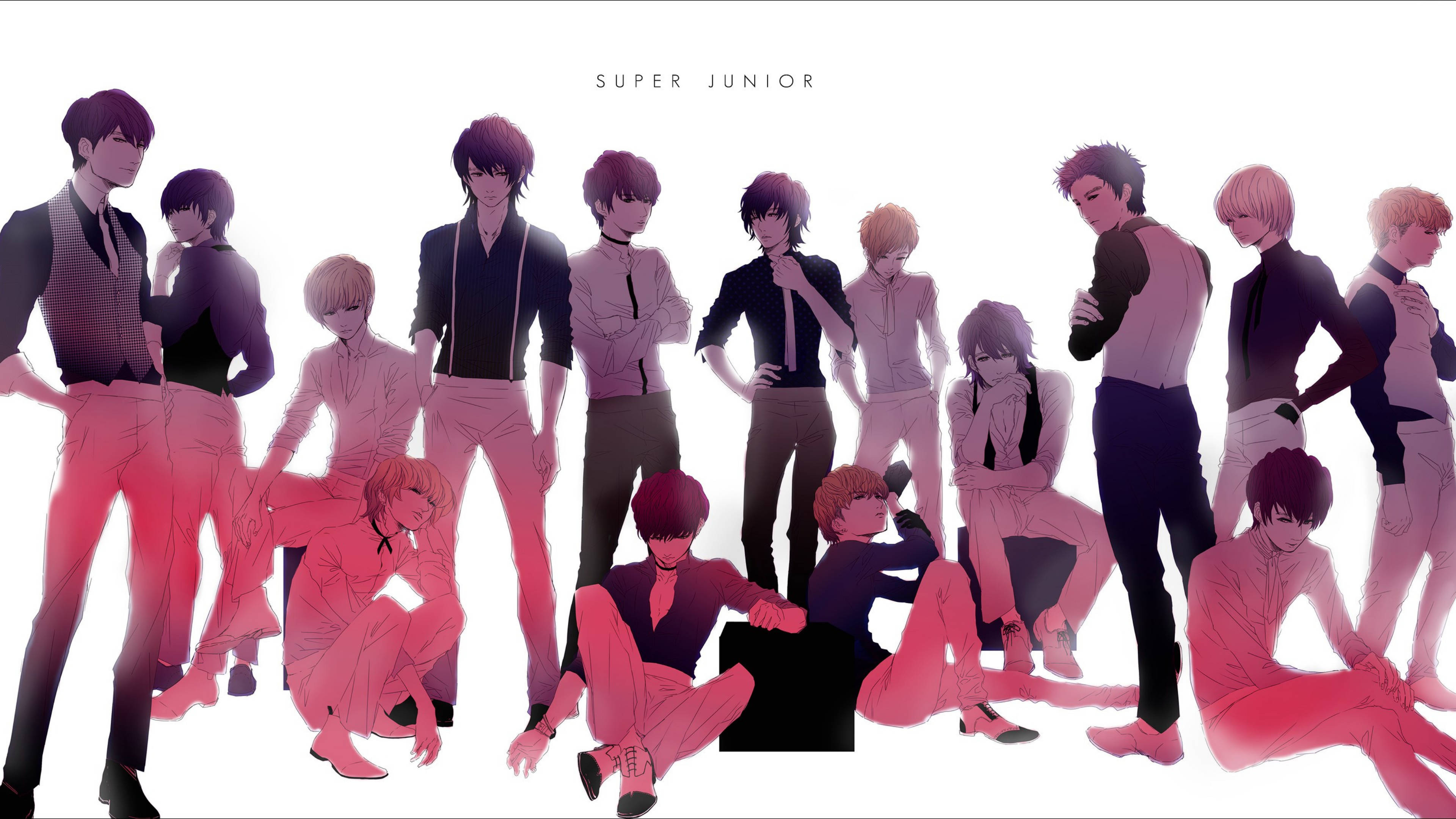 Super Junior 動畫風 壁紙 — 一幅風格化的動漫插圖，描繪K-pop組合Super Junior以各種自信姿態擺姿勢，背景為純白色並帶有粉紅-紅色漸變覆蓋層。