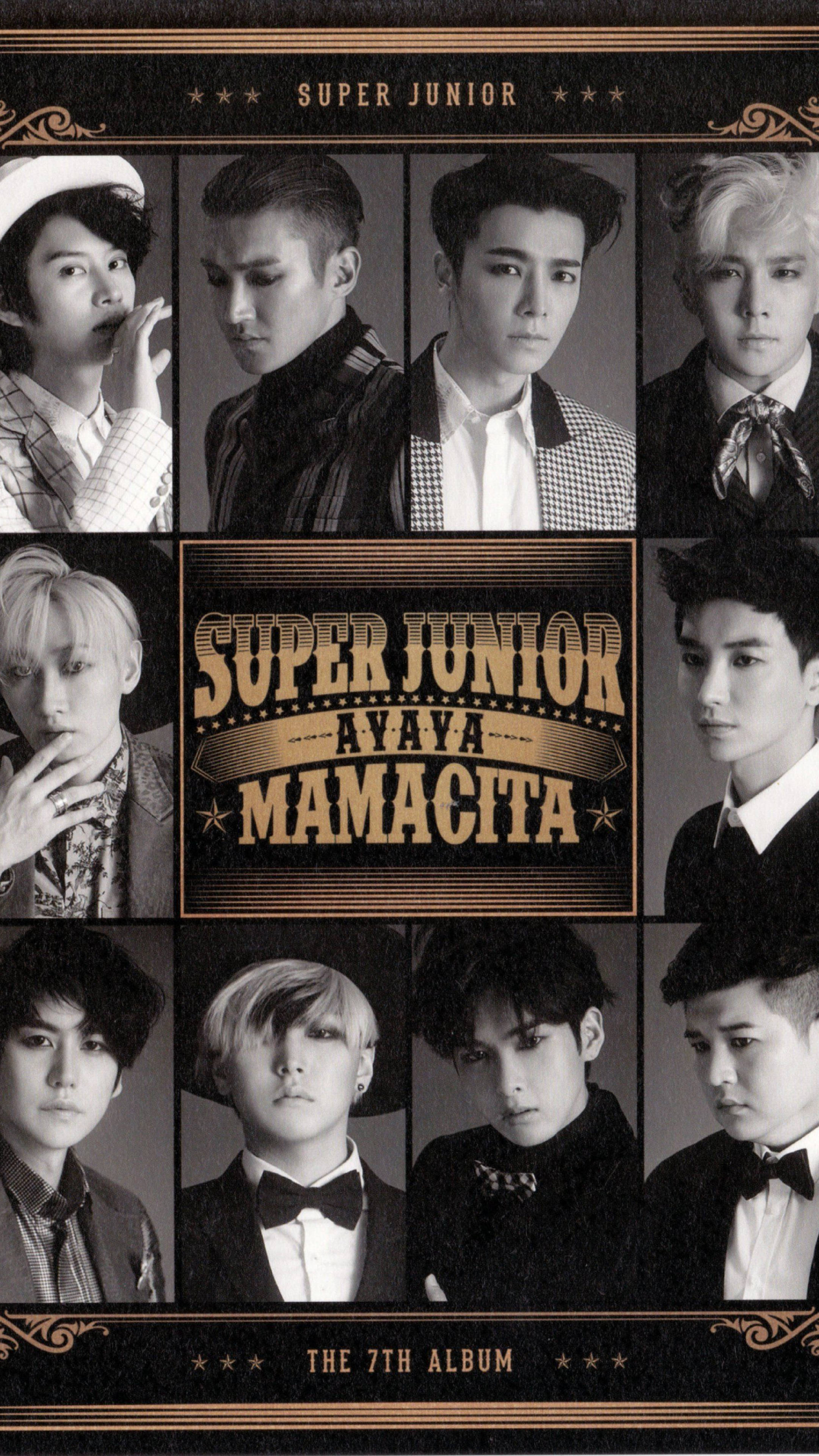 Super Junior 第七張專輯 壁紙 — 九位K-pop偶像身穿正裝的黑白肖像拼貼，搭配復古金色字體，用於他們的專輯封面。