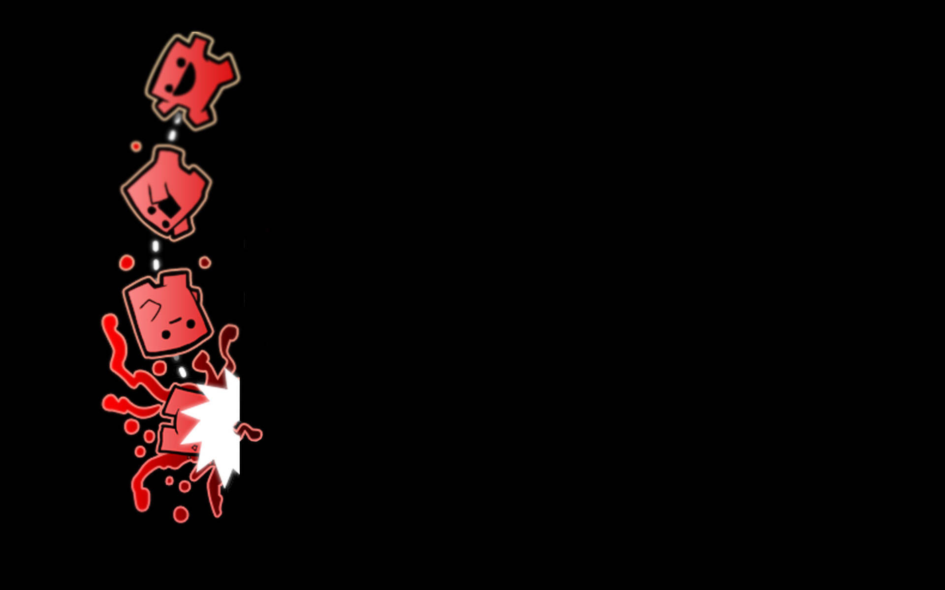 Super Meat Boy 紅色方塊噴濺 壁紙 — 紅色像素化角色帶有表情豐富的臉孔垂直傾瀉而下，在純黑背景上飛濺。
