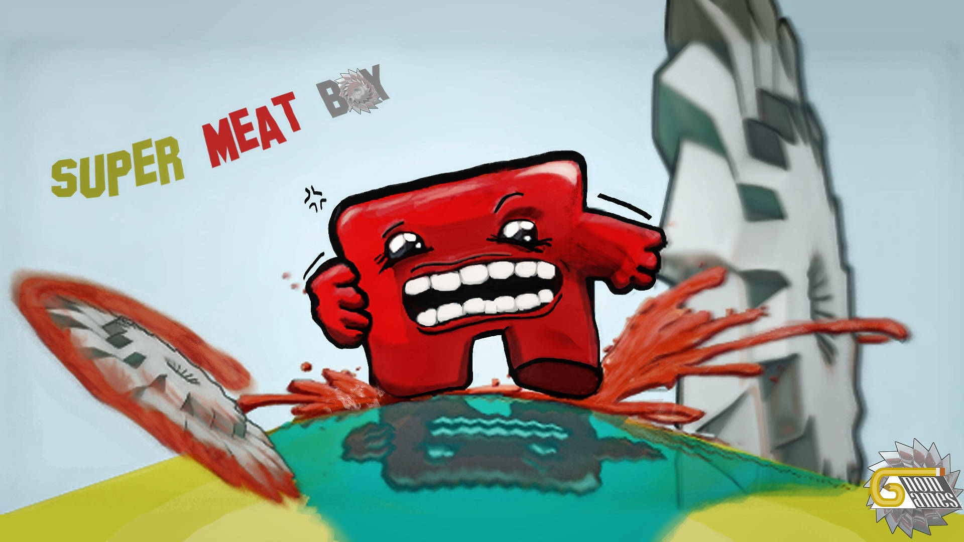 Super Meat Boy 電子遊戲 壁紙 — 一個紅色卡通肉盒角色帶著憤怒的表情正在跳過一個綠色平台，一把電鋸飛過。