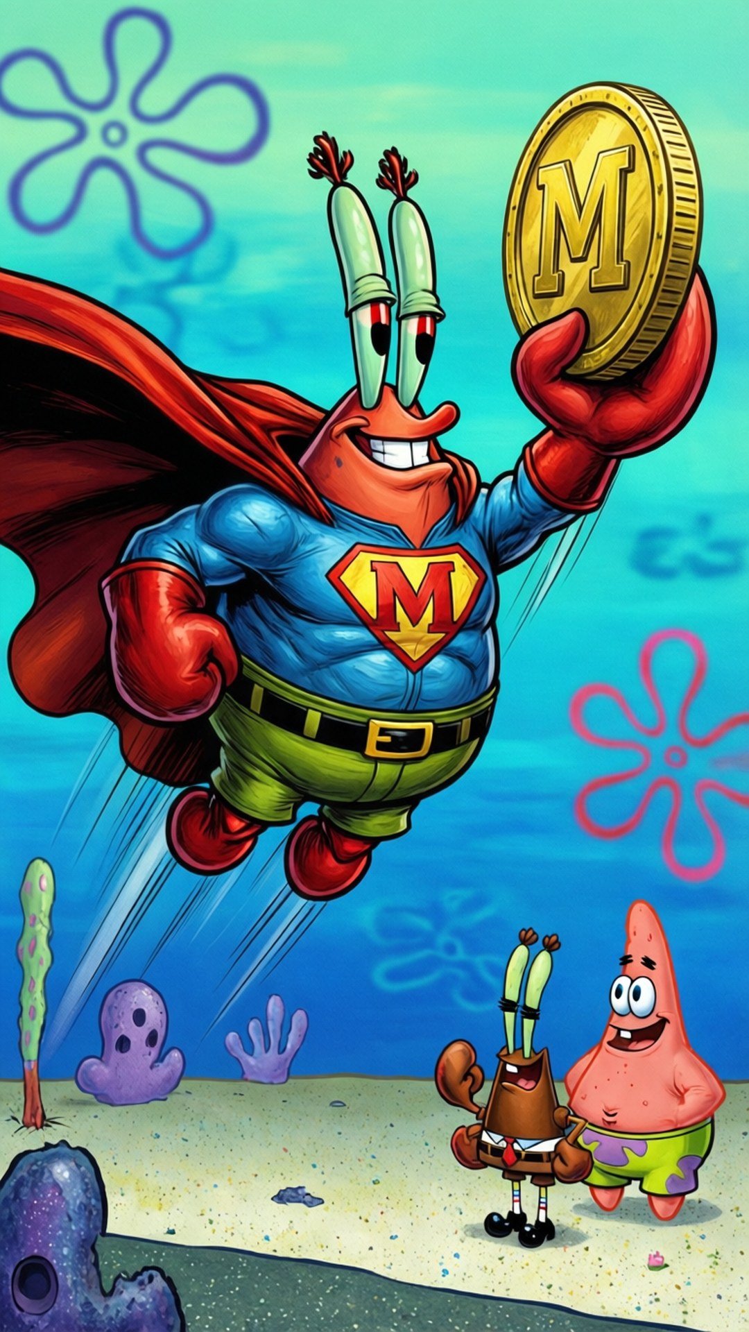 Squidward 打扮成超級英雄在水下飛行，手持一枚帶有 M 的金幣，Patrick 和 SpongeBob 抬頭觀看。