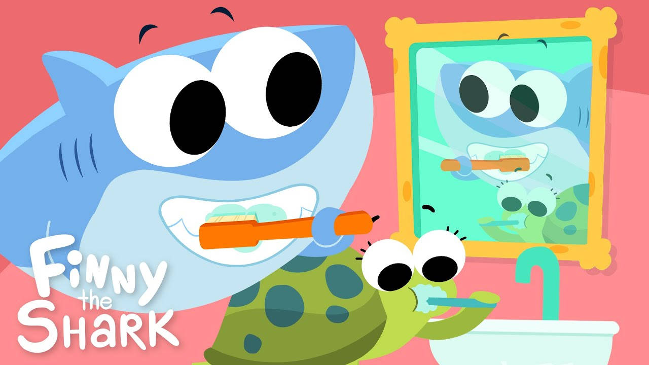 Super Simple Songs《刷牙》概念圖 壁紙 — 一條開心的藍色鯊魚和一隻綠色海龜在一個有鏡子的粉紅色浴室裡一起刷牙。
