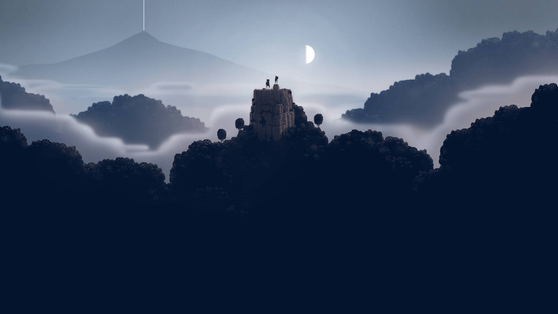 兩個人在夜間的山頂上，新月之下。