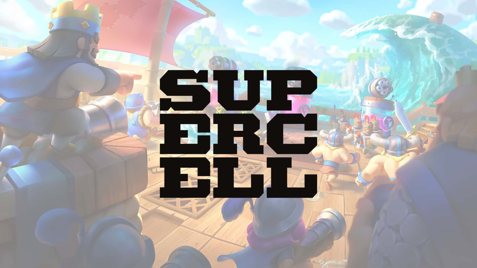  壁紙 — Supercell 充滿活力的卡通風格戰鬥場景，描繪一艘船上的國王和士兵，背景是巨浪。