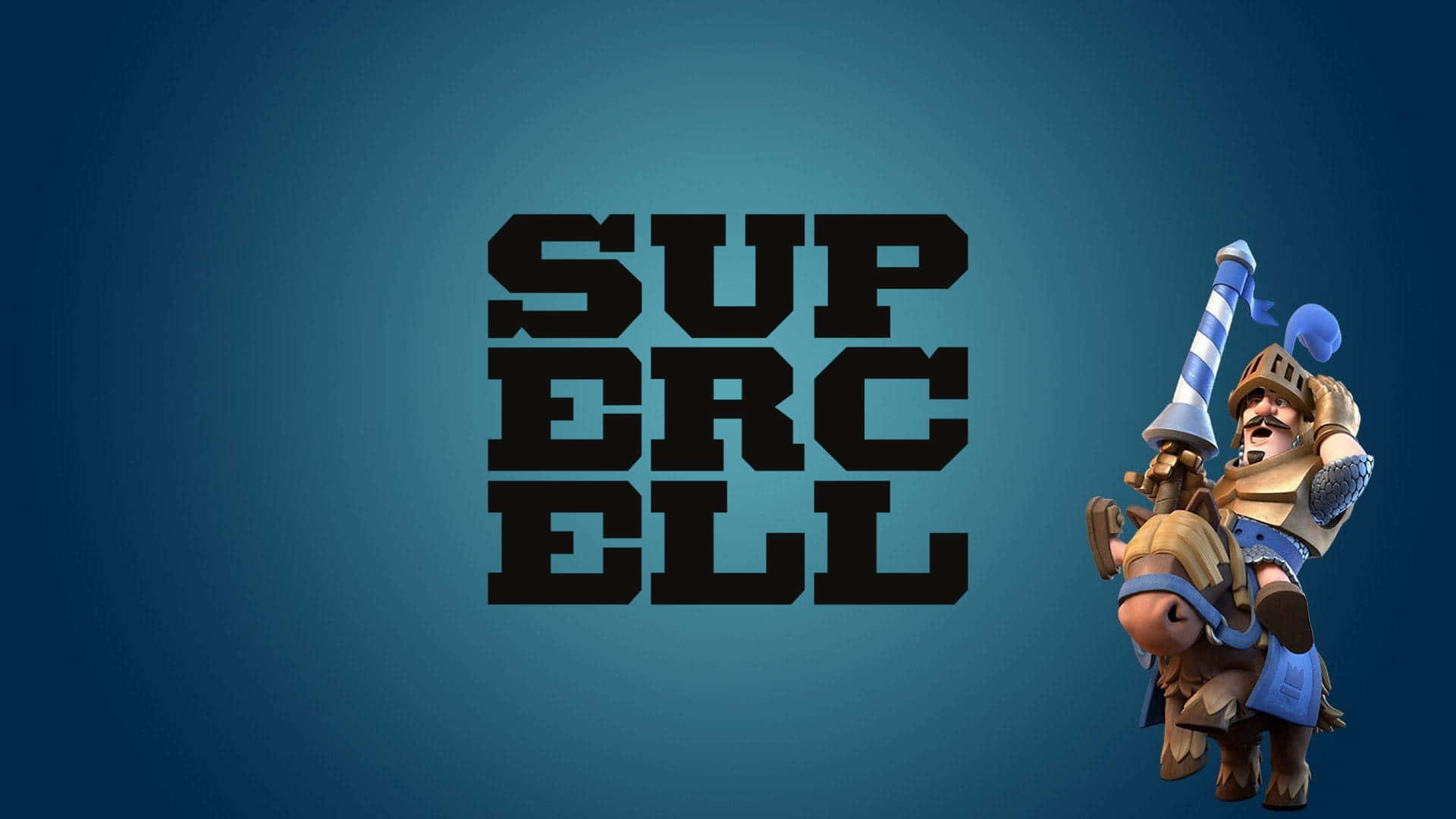  壁紙 — 一個騎著馬的卡通騎士，在漸變藍色背景上，於粗體黑色Supercell標誌旁邊舉著一支藍白條紋長矛。