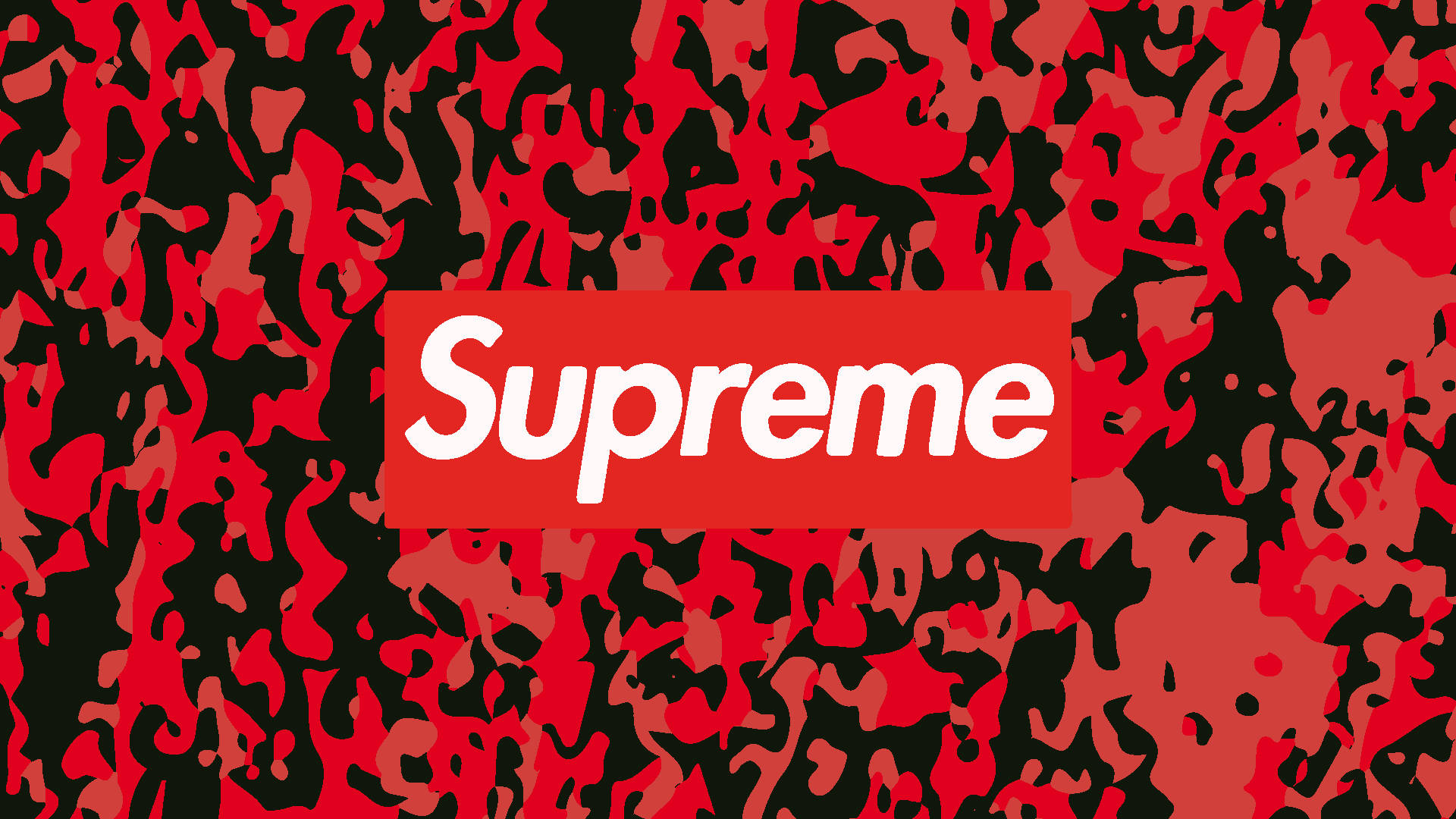 Superior Supreme 標誌於黑紅抽象背景 壁紙 — 大膽的紅色和黑色迷彩圖案，中央紅色長方形上有白色Supreme標誌。