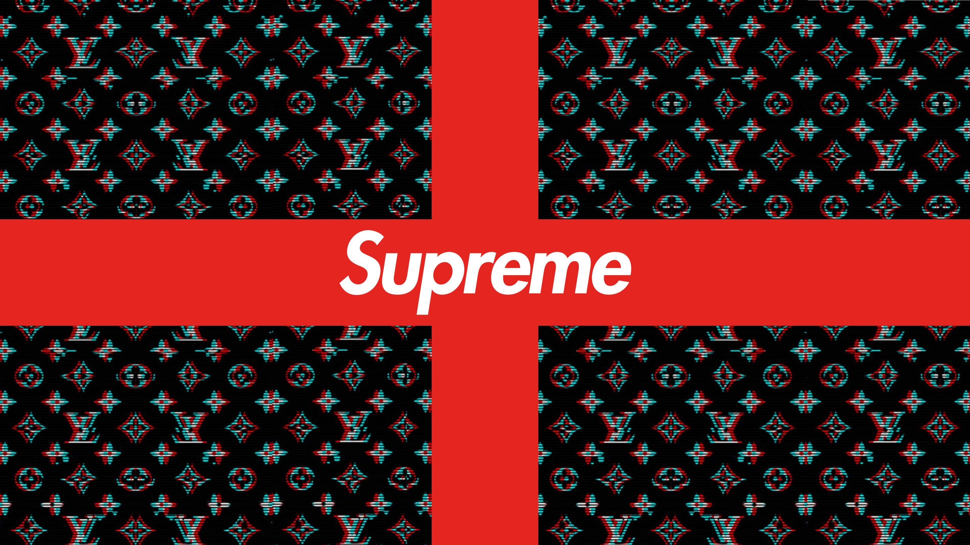 Superior Supreme 標誌於紋理黑色背景 壁紙 — 一個大膽的紅色十字架將黑色背景分割，帶有故障效果的 Louis Vuitton 字母圖案和中央的白色 Supreme 標誌。