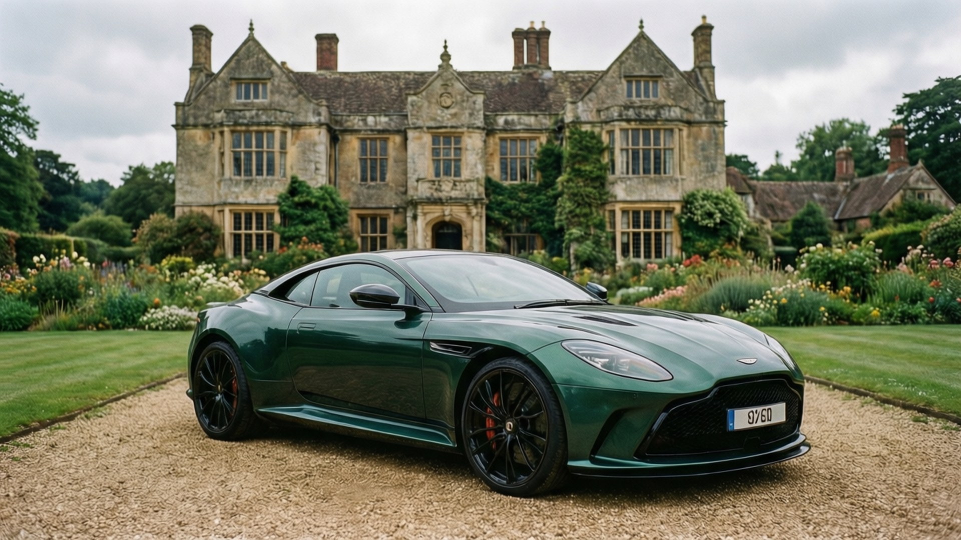 綠色Aston Martin跑車停泊在一座歷史悠久的石砌莊園前，周圍有花園。