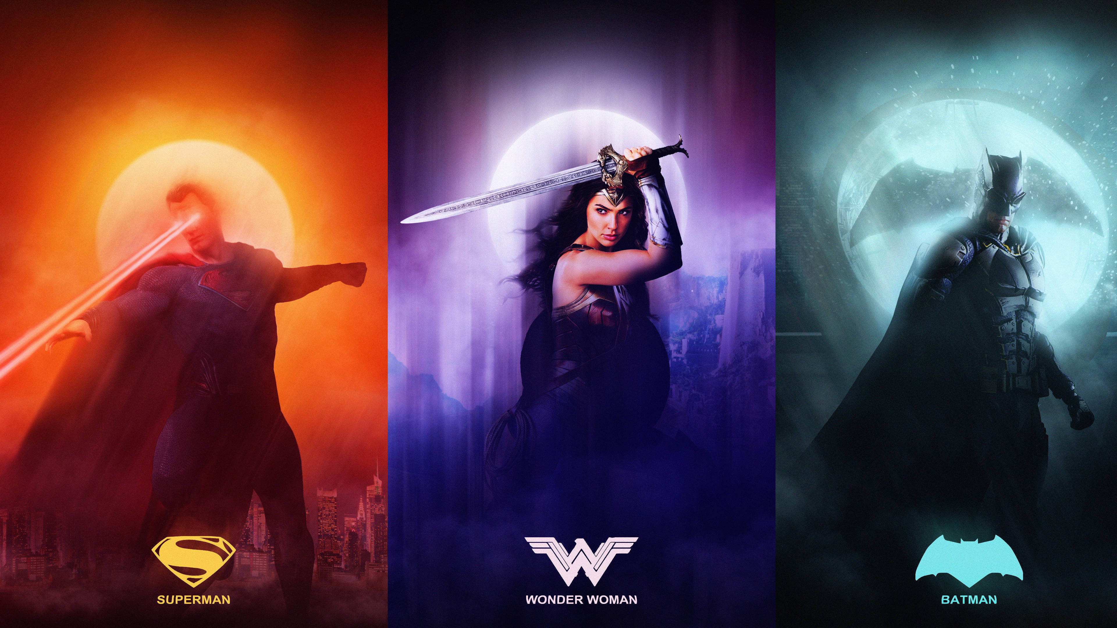 Superman, Batman and Wonder Woman 壁紙 — 超人、神奇女俠和蝙蝠俠英雄式地站在太陽、月亮和蝙蝠標誌的鮮豔背景前，每個人都散發著力量和決心。