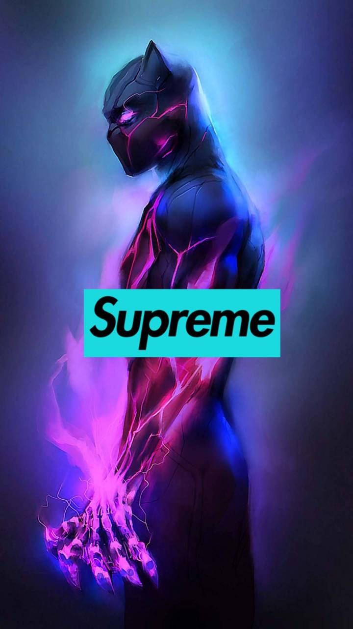 紫色 Supreme 黑豹 壁紙 — 黑豹以剪影姿態站立，在深藍色背景上散發電光紫色能量，並帶有Supreme標誌。