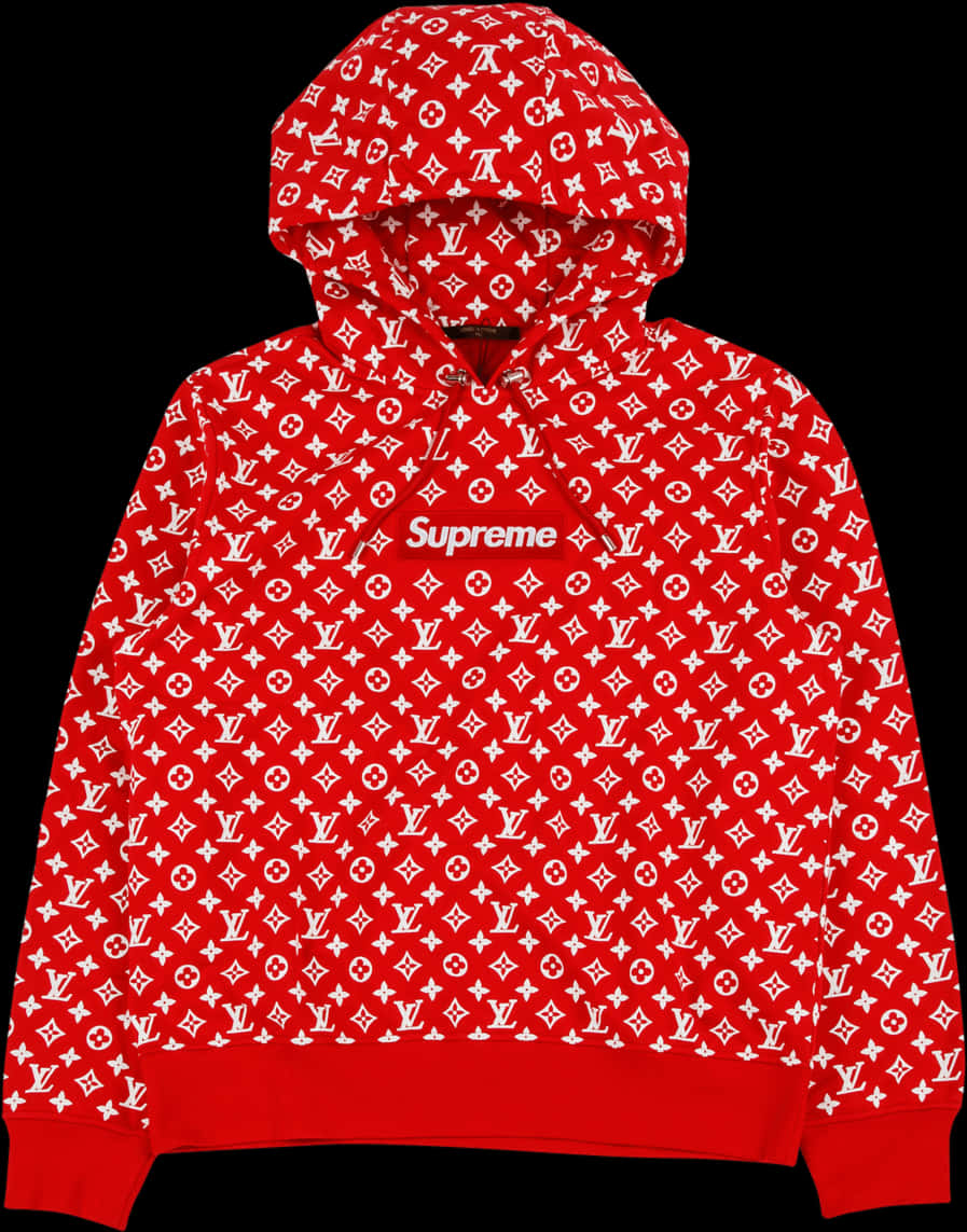 路易威登 Supreme 紅色連帽衫 壁紙 — 一件大膽的紅色連帽衛衣，覆蓋著白色Louis Vuitton Monogram印花，中央有Supreme標誌。