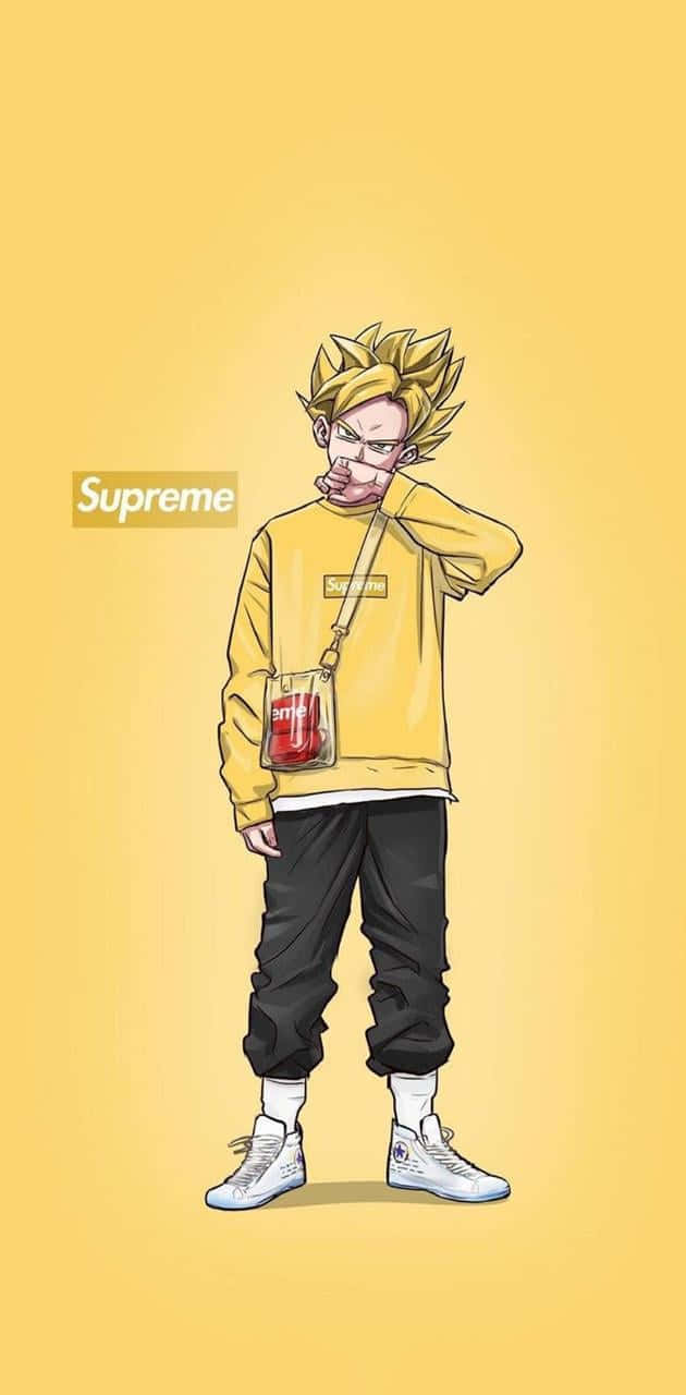 悟空 時尚黃色 Supreme 壁紙 — 動漫角色，金色尖刺頭髮，穿著黃色Supreme衛衣、黑色褲子和白色運動鞋，手持紅色飲料，背景為純黃色。