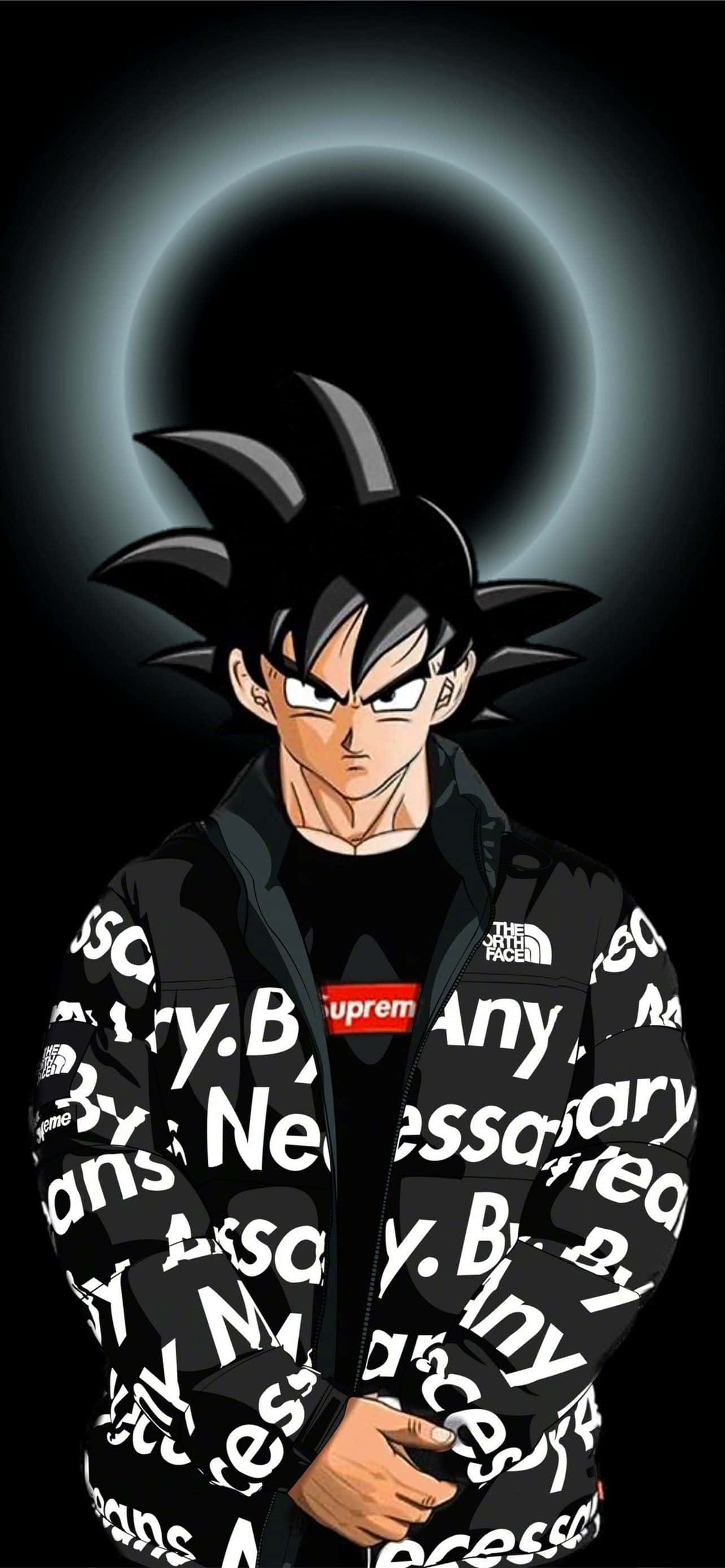 悟空黑洞 Supreme 壁紙 — 動漫角色悟空穿著一件印有白色文字的黑色連帽衫，在黑暗的日食背景下挑釁地站立。