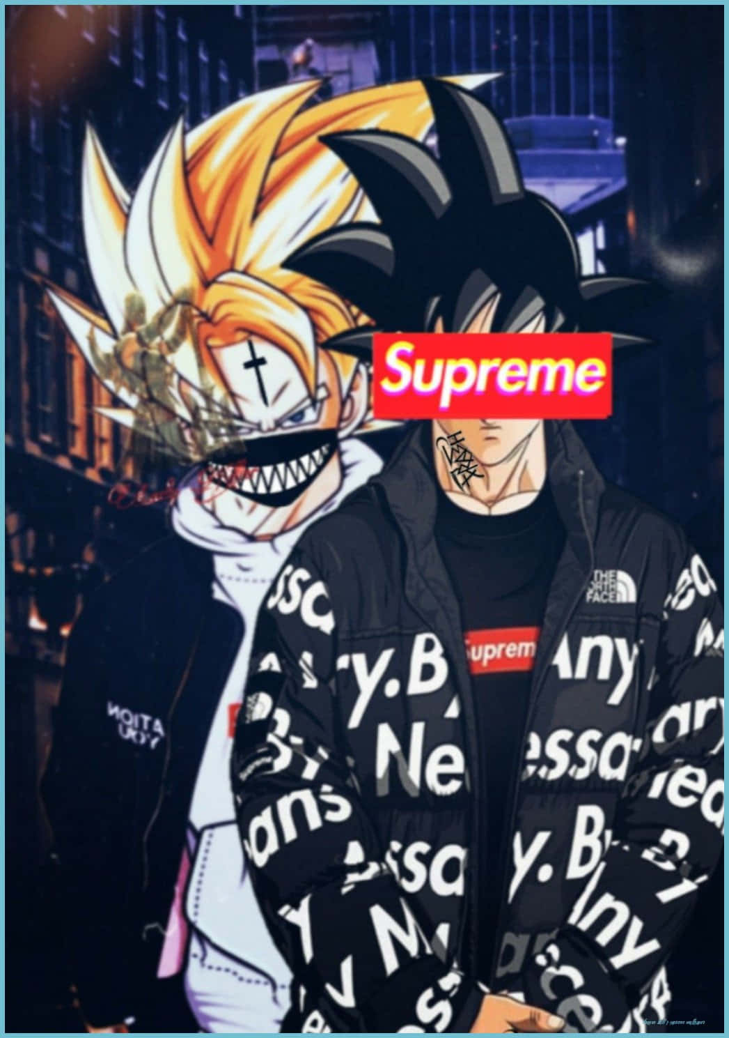 悟空與扎馬斯 Supreme 壁紙 — 兩個穿著街頭服飾的動漫角色站在霓虹燈照亮城市背景下，帶有紅色Supreme標誌覆蓋層。