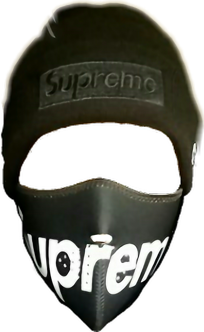 Supreme品牌黑色口罩 壁紙 — 黑色Supreme品牌頭套，面部和帽子上有白色標誌，背景深色。