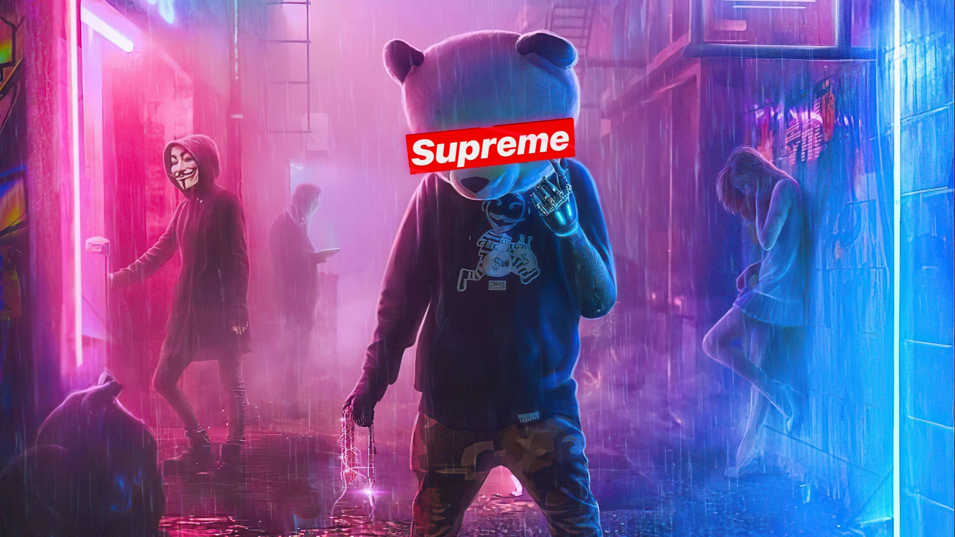 酷 Supreme 熊貓頭 壁紙 — 夜晚一條充滿霓虹燈的城市小巷，一隻穿著 Supreme 的熊吉祥物在雨中行走，而戴面具的人物潛伏在陰影中。