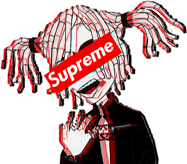 Supreme品牌動漫角色 壁紙 — 一個風格化的動漫角色，擁有紅色和白色頭髮，臉上帶有Supreme標誌，背景為黑色。
