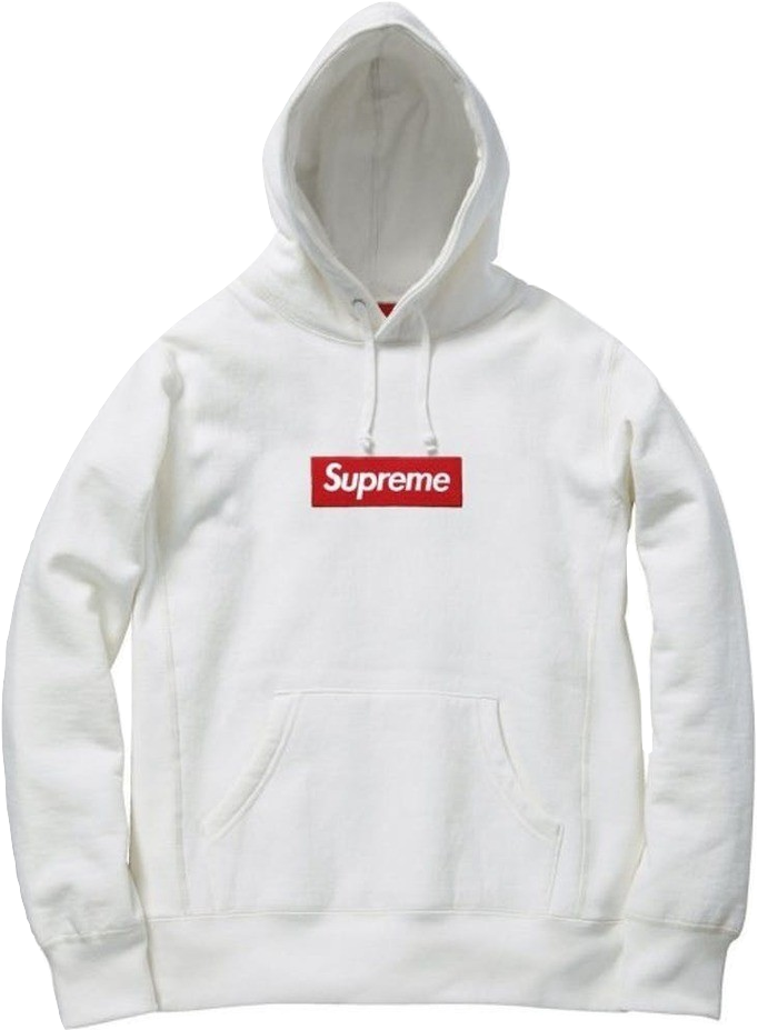 Supreme白色連帽衫配標誌 壁紙 — 一件清晰的白色 Supreme 連帽衛衣，胸前中央有一個大膽的紅色方框標誌，背景為純黑色。