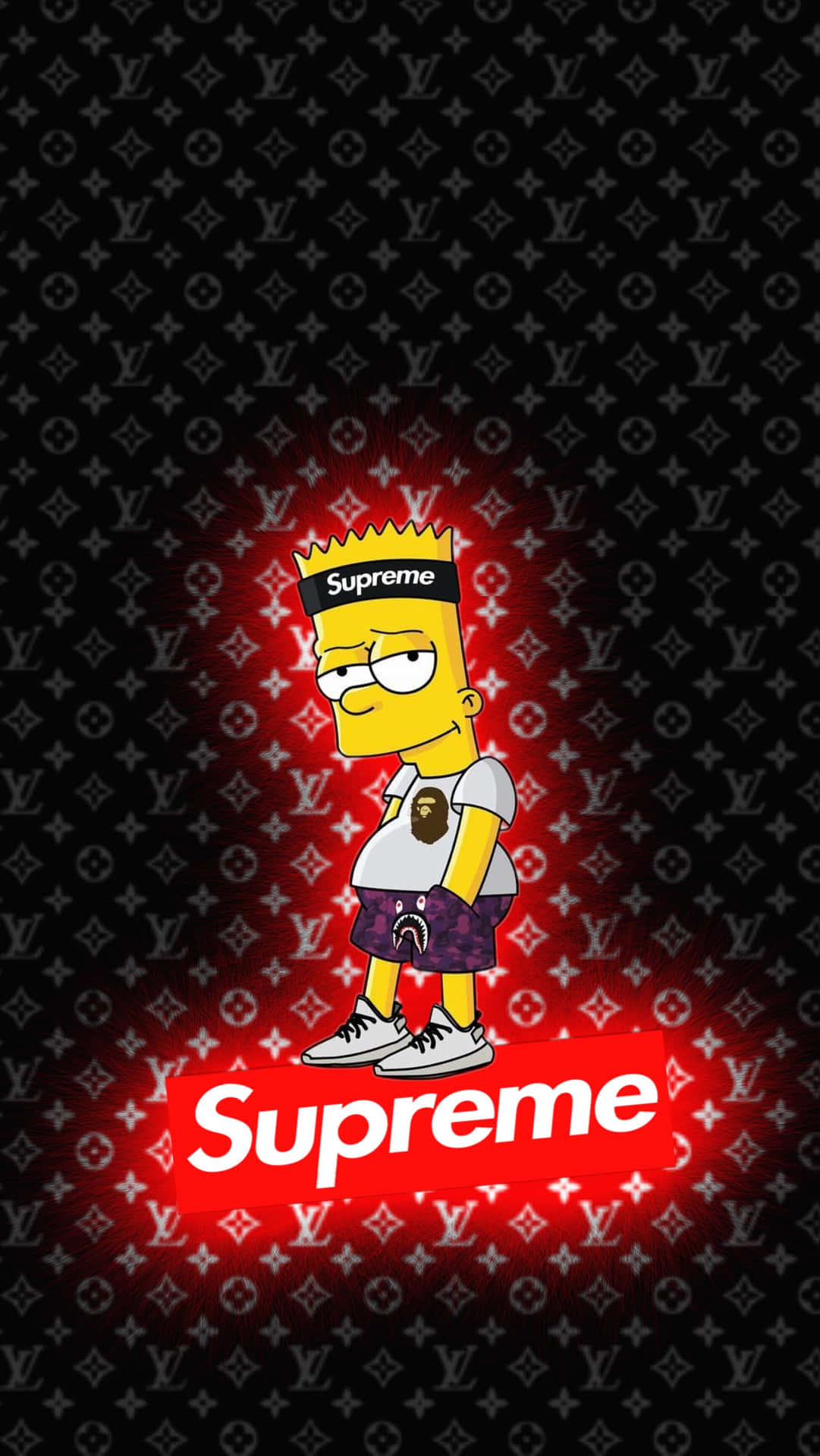 Bart Simpson 身穿 Supreme 服裝，在 LV 圖案背景上帶有發光的紅色光環。