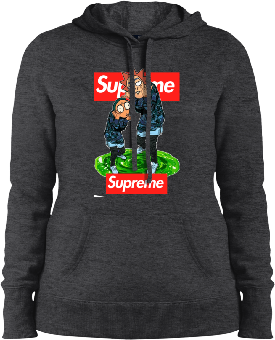 Supreme品牌連帽衫配動畫角色 壁紙 — 深灰色連帽衛衣，印有站在綠色黏液上的《瑞克和莫蒂》卡通角色，上下方有紅色Supreme標誌。