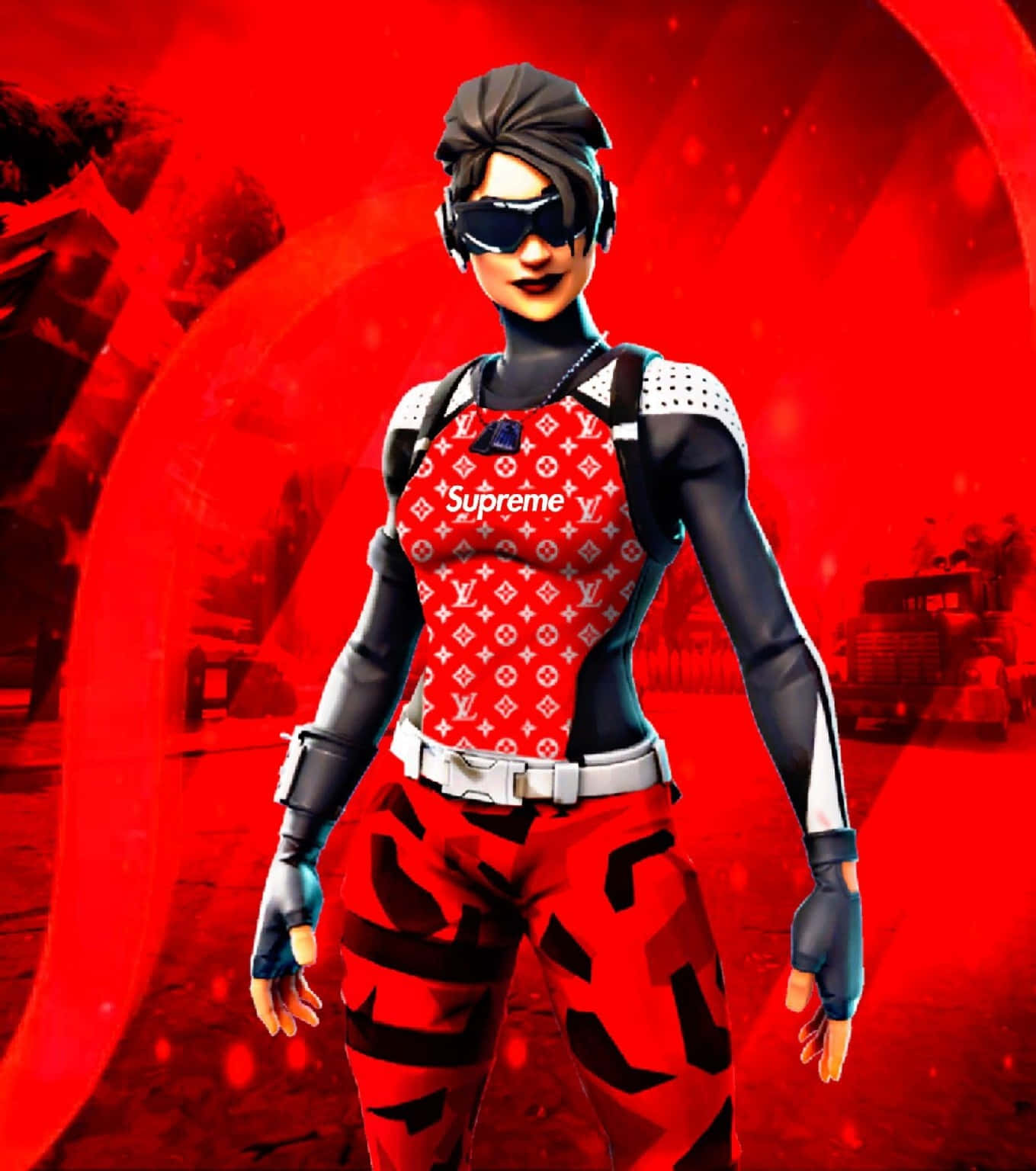 以 Supreme Fortnite 稱霸戰場 壁紙 — 一位風格化的女性遊戲玩家，穿著紅色 Supreme 和 Louis Vuitton 圖案服裝，自信地站在充滿活力的紅色抽象背景前。