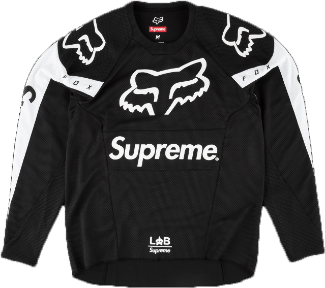 Supreme Fox 摩托車越野服 壁紙 — 黑白配色Supreme x Fox Racing越野電單車賽車服，在純黑背景上展示醒目標誌。