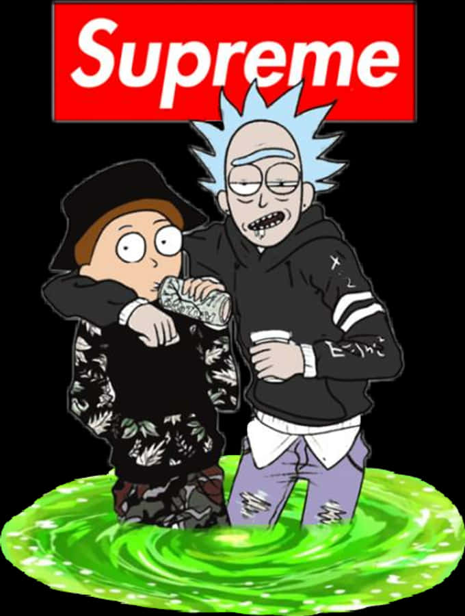 瑞克與莫蒂推出Supreme街頭服飾系列 壁紙 — 瑞克和莫蒂站在黑色背景上紅色Supreme標誌下方發光的綠色傳送門中。
