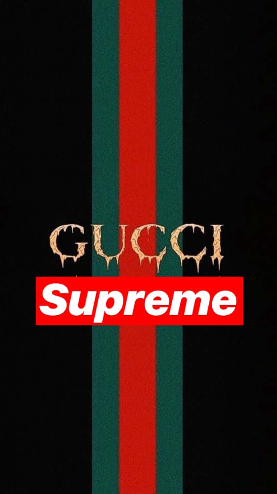 Gucci和Supreme標誌在黑色背景上，帶有紅綠條紋