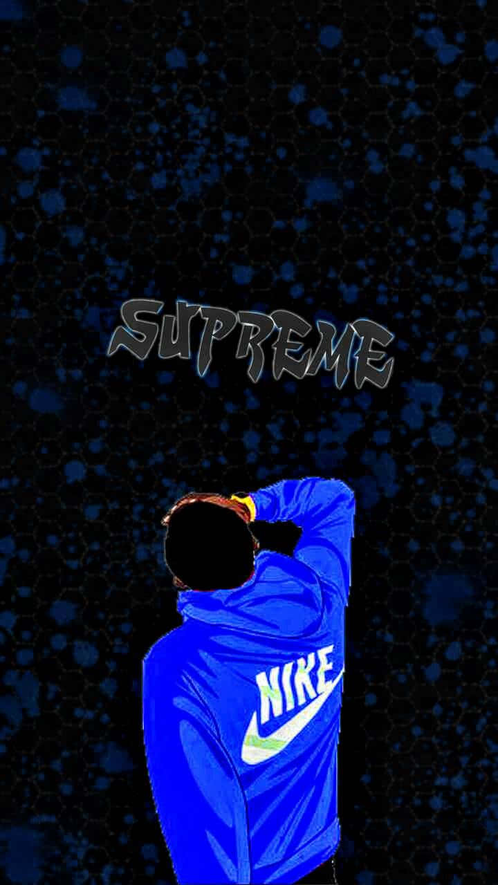 Supreme 藍色系列：都市時尚的完美詮釋 壁紙 — 一個穿著藍色Nike連帽衫的風格化人物站在深藍色斑點背景前，上方漂浮著Supreme字樣。