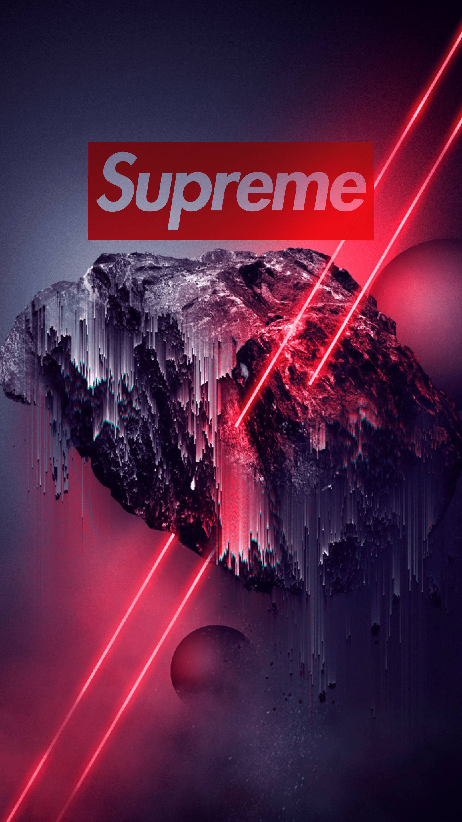 Supreme iPhone 動態壁紙 壁紙 — 一顆帶有紅色激光束和Supreme標誌的故障小行星漂浮在黑暗的宇宙虛空中。