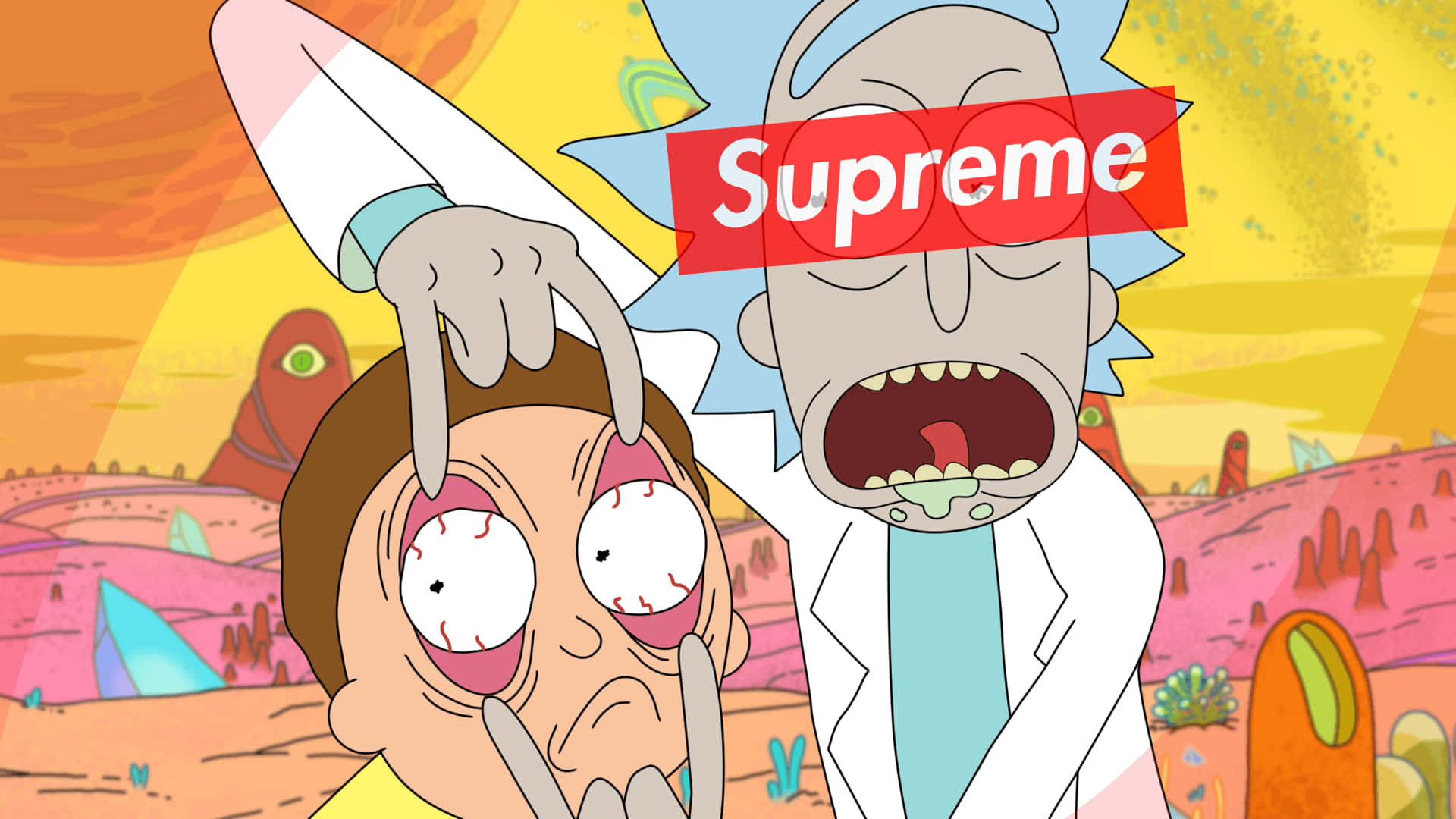 瑞克與莫蒂的Supreme外星星球 壁紙 — 身穿白色實驗室外套、眼睛上方有紅色Supreme標誌的Rick Sanchez，在超現實的外星景觀中狂笑著指向Morty驚恐的臉。
