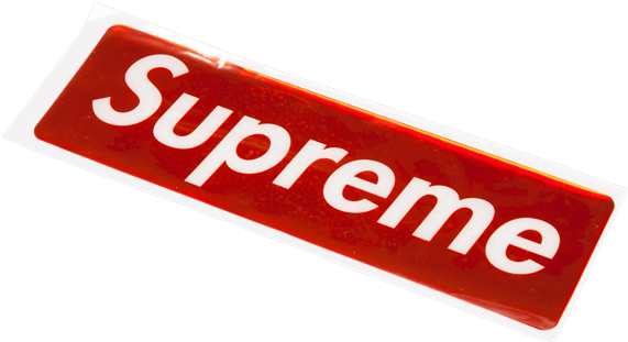 Supreme 品牌標誌貼紙 壁紙 — 一張帶有白色粗體文字的亮面紅色Supreme貼紙，斜放在純黑色背景上。