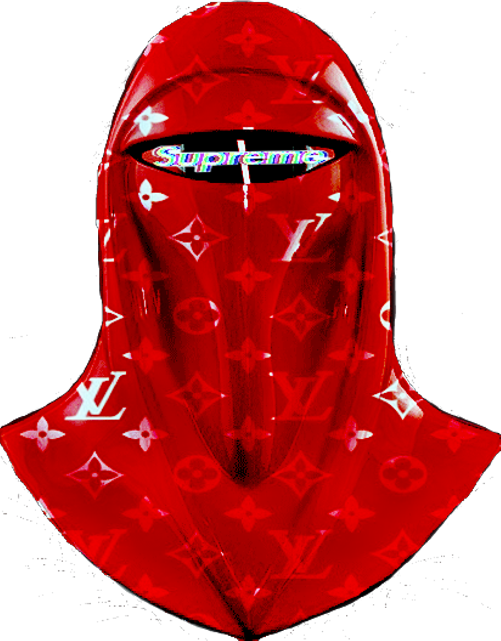 Supreme Louis Vuitton連帽人形 壁紙 — 黑色背景上，一個帶有白色 Louis Vuitton 字母圖案和 Supreme 標誌的亮面紅色連帽面具遮蓋雙眼。