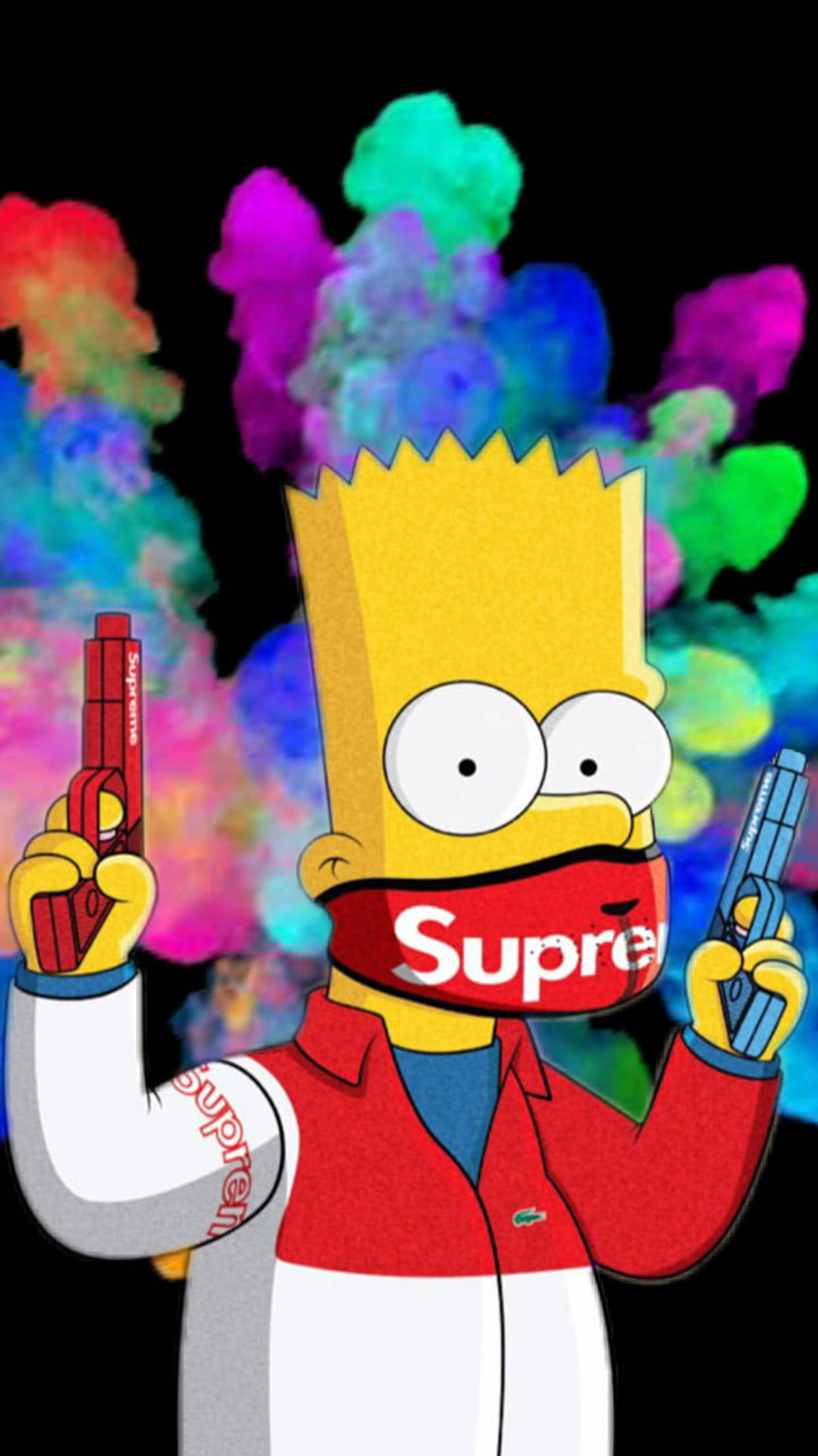 Supreme面具巴特辛普森黑幫卡通 壁紙 — 巴特·辛普森戴住紅色Supreme面具同外套，喺充滿活力嘅彩色煙霧背景下揸住兩支槍。