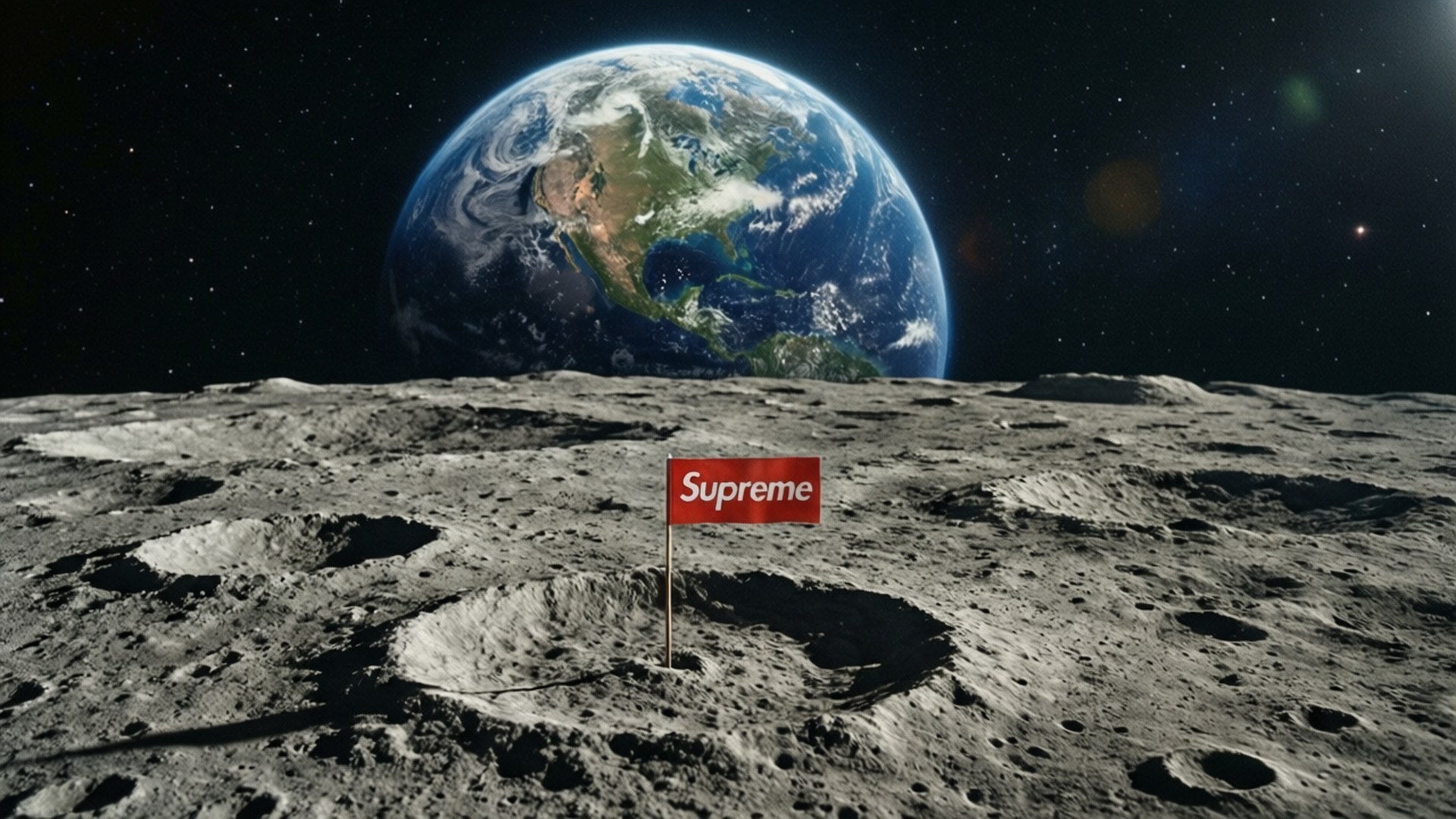 月球表面紅色Supreme旗幟，太空中可見地球