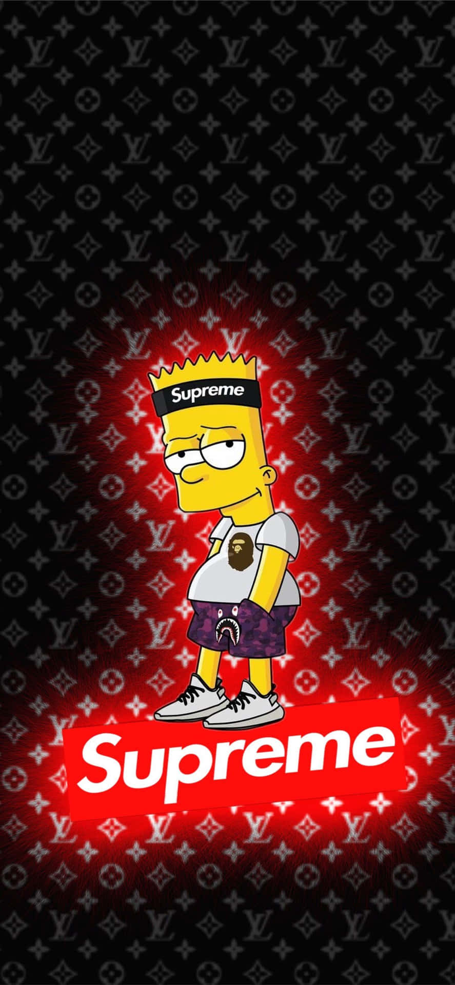 Bart Simpson 穿著 Supreme 和 Louis Vuitton 街頭服飾，帶有發光的紅色光環。