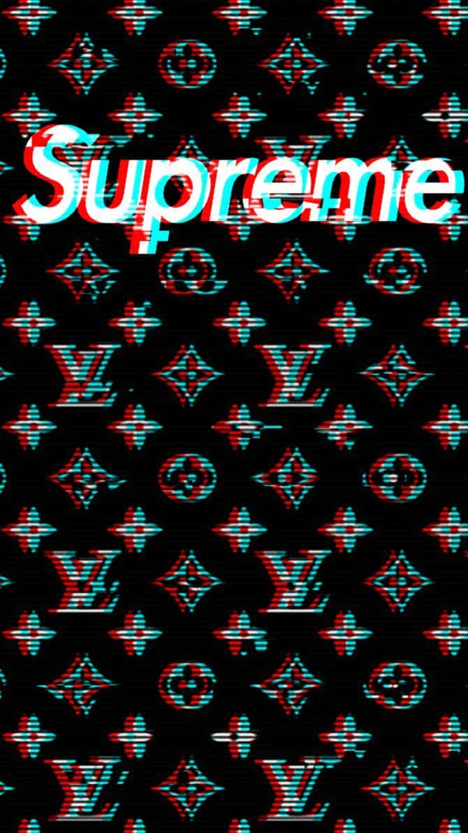 路易威登印花搭配Supreme故障藝術標誌 壁紙 — 帶有故障效果的Supreme標誌重疊在黑色背景上重複的紅色和青色路易威登字母組合圖案。