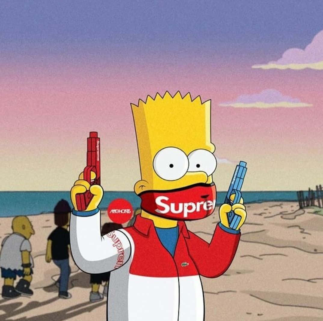Supreme 巴特·辛普森 雙槍造型 壁紙 — 巴特·辛普森戴住紅色Supreme面具同外套，喺日落海灘揸住兩把水槍。