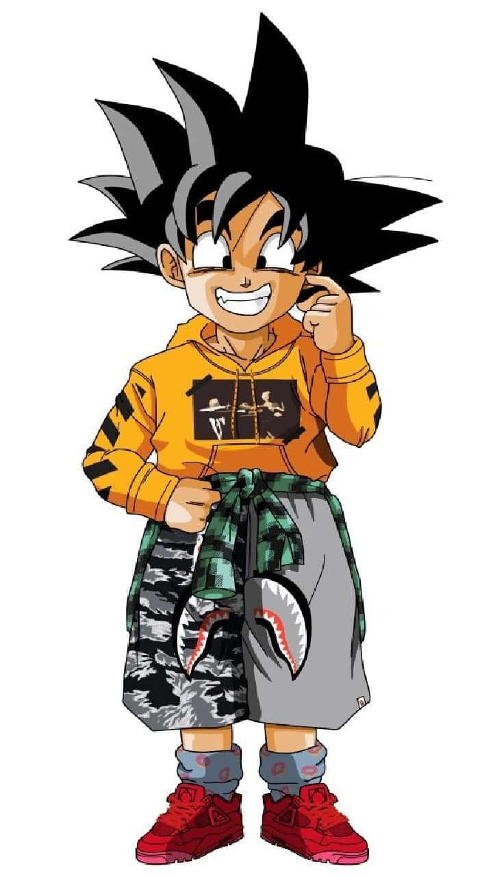少年悟空 Supreme 壁紙 — 一個開心的動畫男孩，黑色刺蝟頭，穿著黃色連帽衫和迷彩短褲，微笑著摸耳朵。