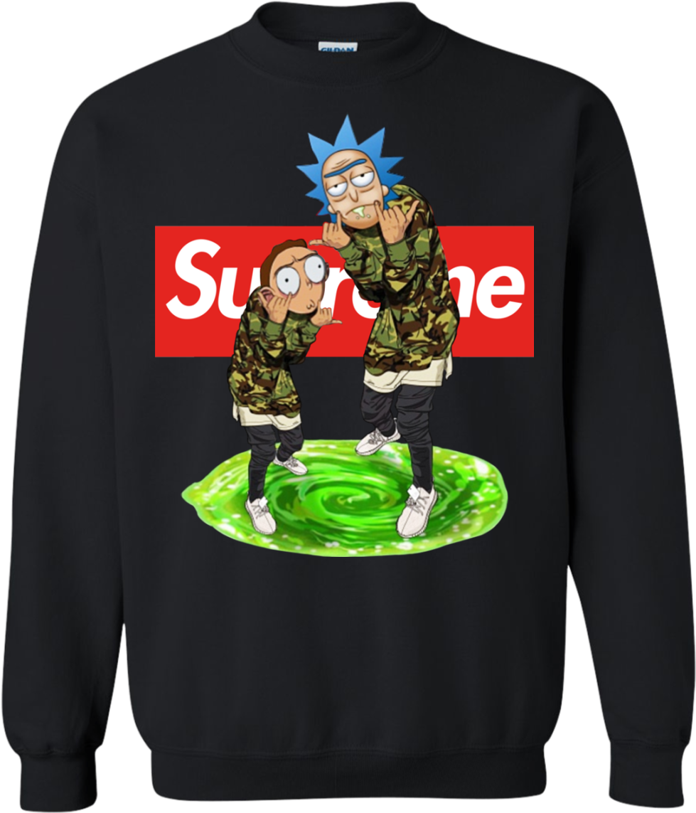 Supreme Rick and Morty黑色衛衣 壁紙 — 黑色衛衣上，瑞克和莫蒂穿著迷彩服站在綠色傳送門上，身後有紅色Supreme標誌。